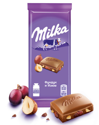 Шоколад молочный Milka с фундуком и изюмом, 85г Шоколад молочный Milka с фундуком и изюмом, 85г