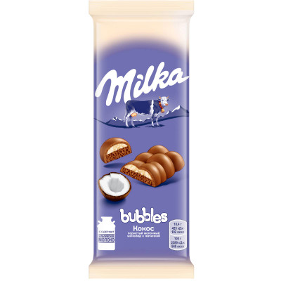 Шоколад молочный Milka Bubbles пористый c кокосовой начинкой, 92г Шоколад молочный Milka Bubbles пористый c кокосовой начинкой, 92г