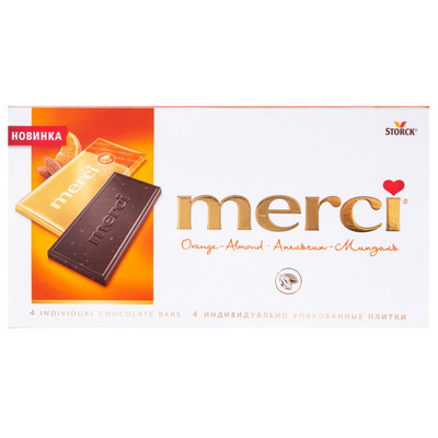 Шоколад горький Merci с соком апельсина и кусочками миндаля, 4x25г Шоколад горький Merci с соком апельсина и кусочками миндаля, 4x25г