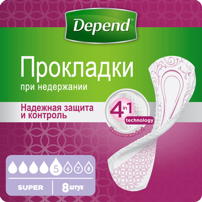 Прокладки Depend Super при недержании, 8шт Прокладки Depend Super при недержании, 8шт