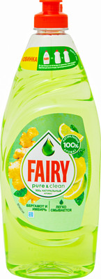 Средство для мытья посуды Fairy Pure&Clean бергамот и имбирь, 650мл Средство для мытья посуды Fairy Pure&Clean бергамот и имбирь, 650мл