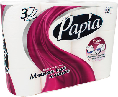 Бумага туалетная Papia белая 3 слоя, 12шт Бумага туалетная Papia белая 3 слоя, 12шт